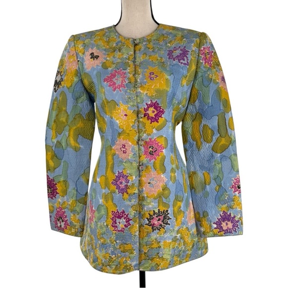 Mary McFadden Couture Silk Quilted Floral Jacket w/ Glass Bead Buttons – Size 10 - Picture 15 of 16